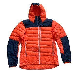 Norrona Falketind Down 750 Hood Jacket Mens XL Orange Navy Packable Outdoor Coat